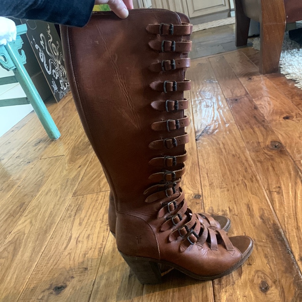 Izzy Frye Brown Gladiator Knee-High Heeled Boots - BE UNFORGETTABLE!
